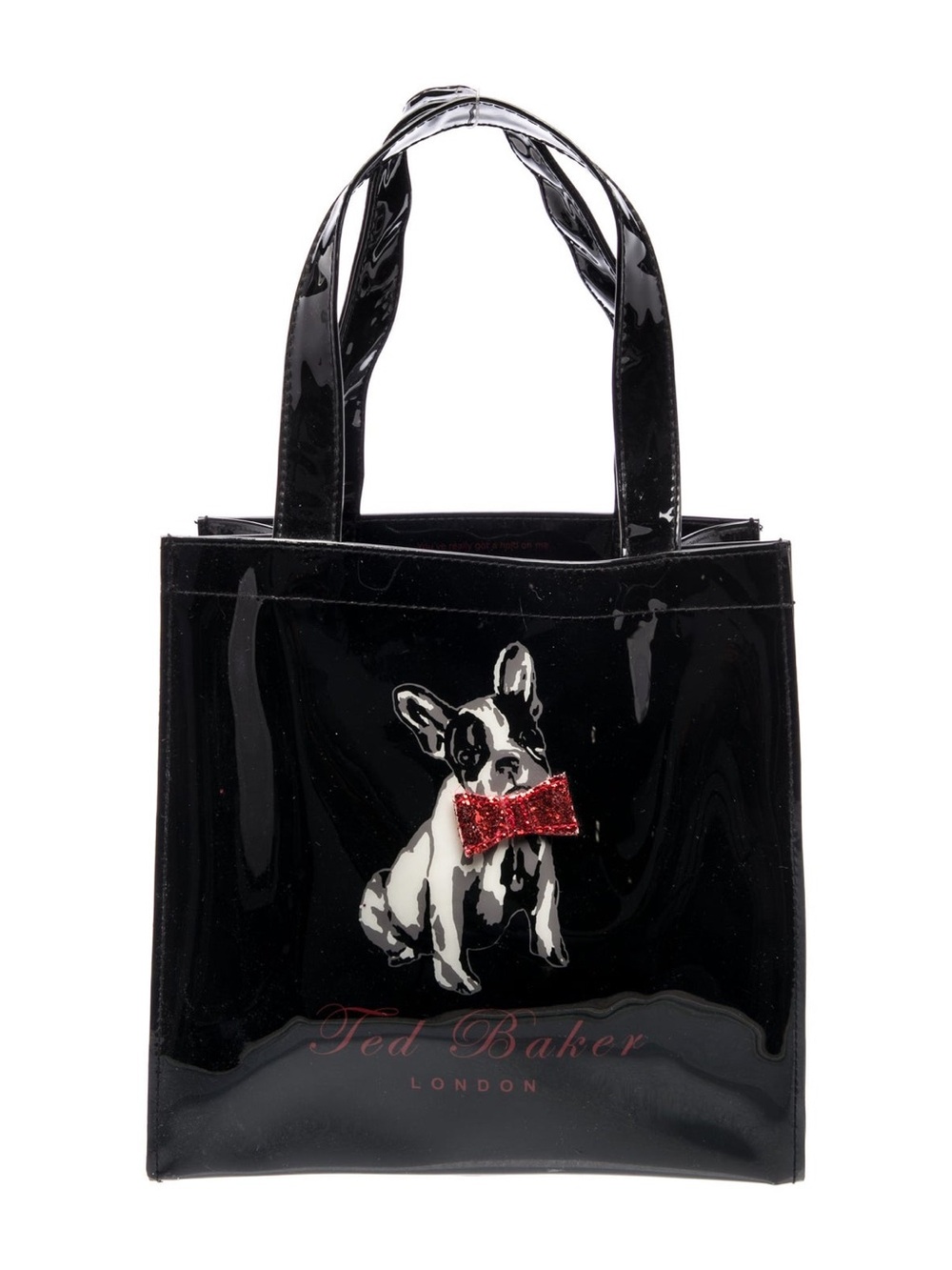 Ted Baker Black Patent Tote with Red Glitter Bow Dog Motif